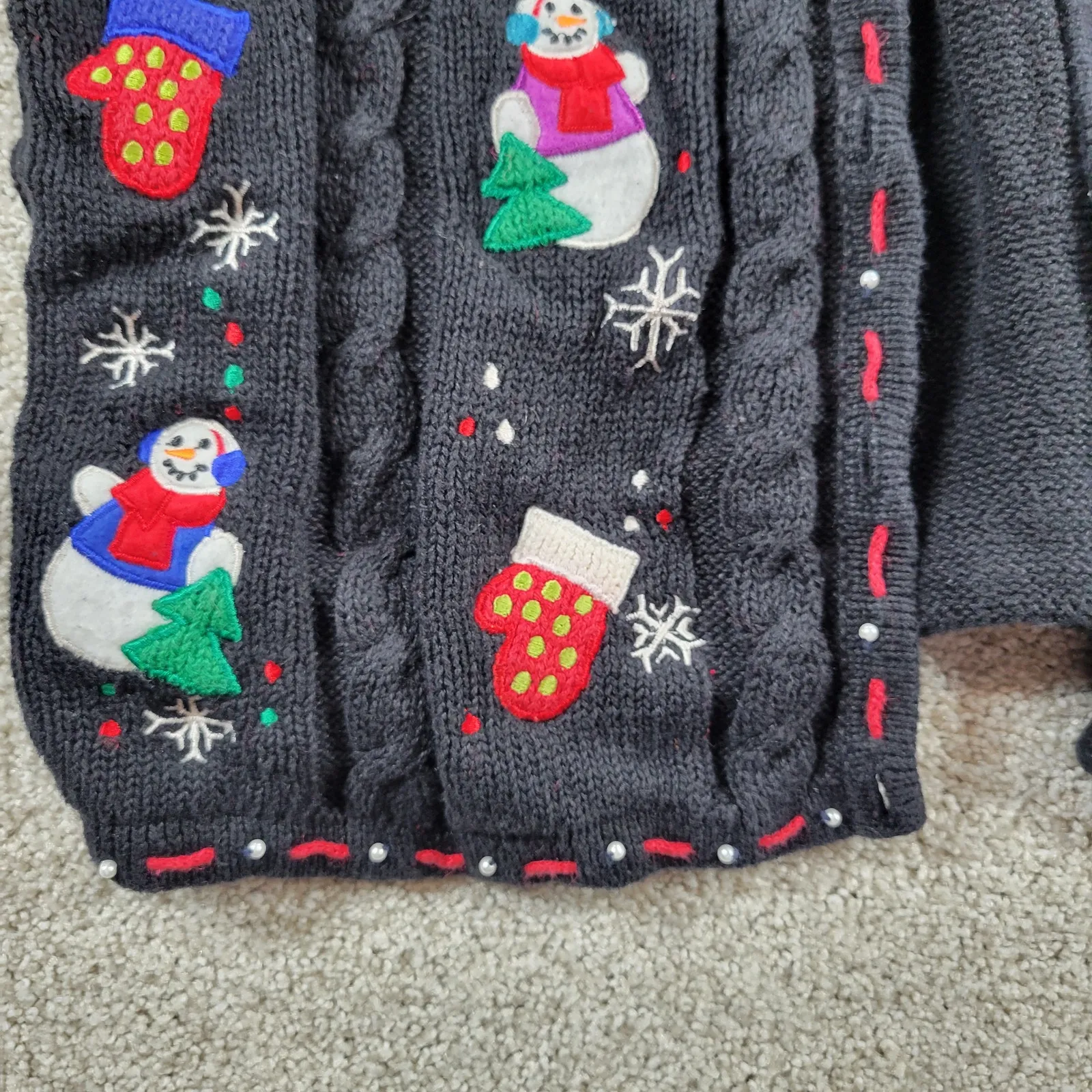 Designers‎ Originals Womens Snowman Sweater M Black Cable Knit Holiday Cardigan Size M - Image 11