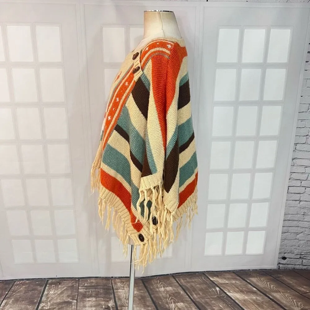 Mantos Eternity Multicolor Southwest Vibe Fringe Sweater Poncho One Size Orange Size undefined - Image 6