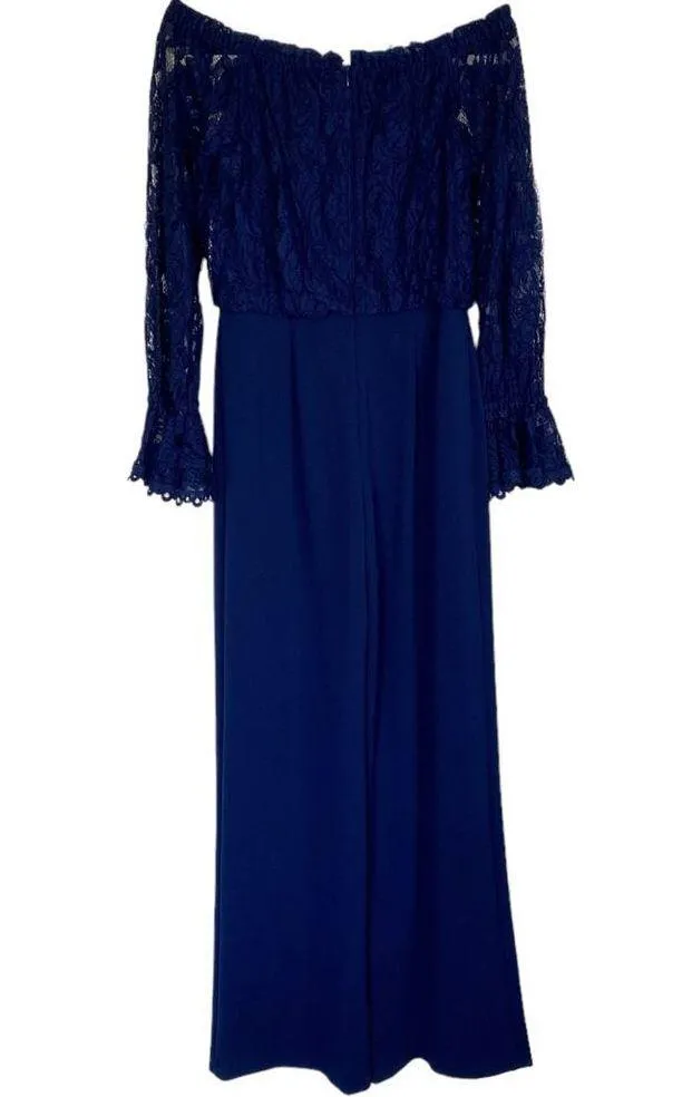 ADRIANNA PAPELL Off Shoulder Crepe Jumpsuit With Lace Bodice Navy Blue Size 2 - Image 3