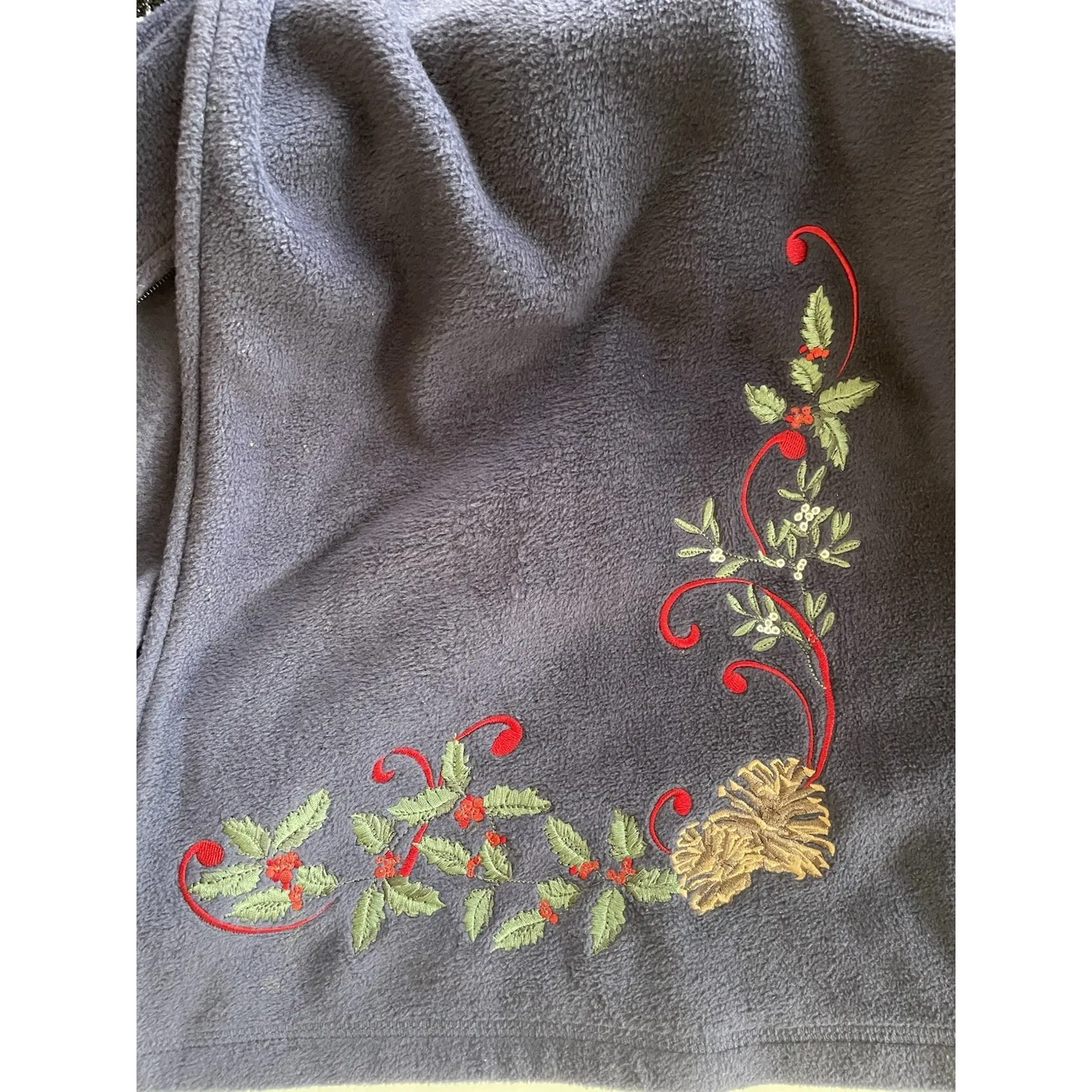 Vintage 80's Navy Blue Soft Fleece Cardigan with Holiday Holly & Pine Embroidery - Image 4