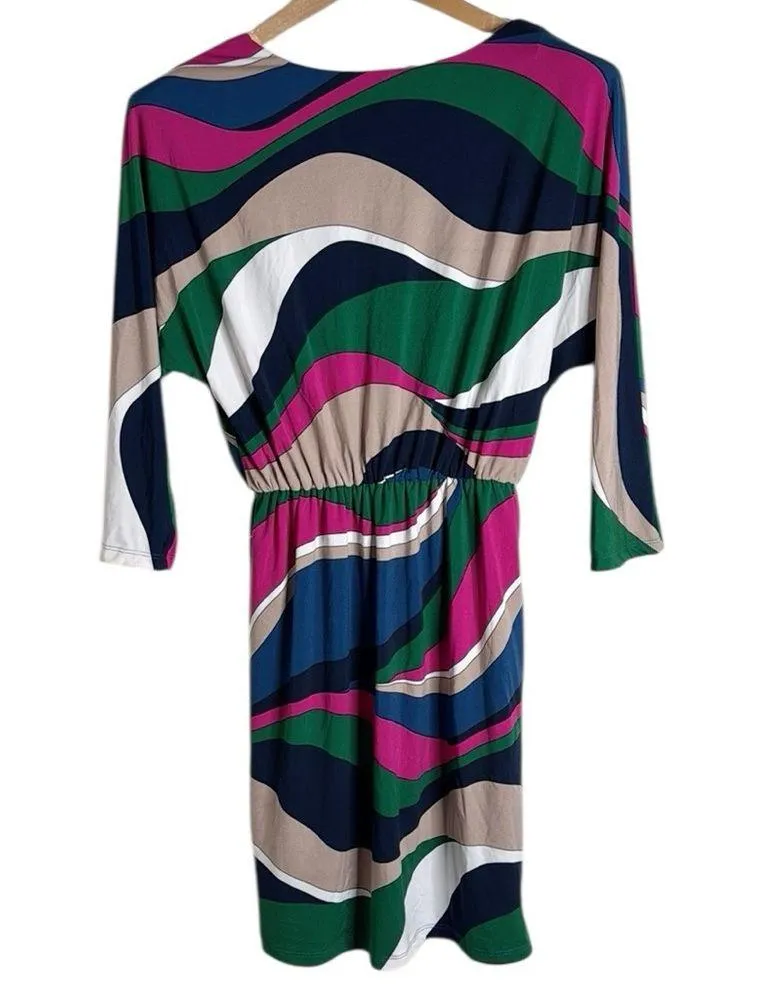 Trina by Turk Multicolored Gathered Front V-neck Mini Dress Dolmain sleeves Sz S - Image 3