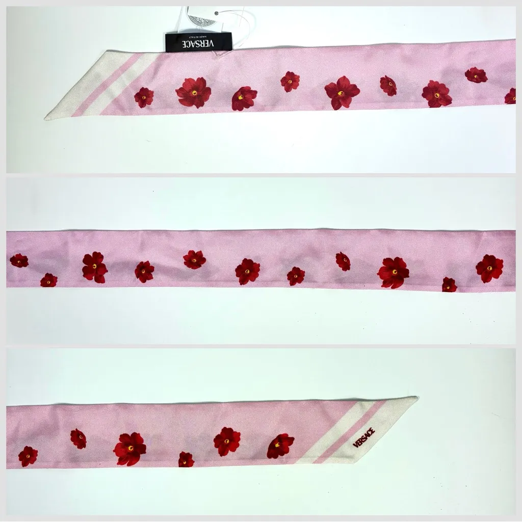 Versace Strawberry Garden Silk Skinny Twill Scarf Tie Logo Pink Red NWT - Image 8