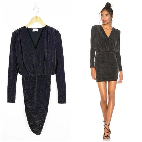 Bailey 44 Night Fever Sparkle Mini Dress Small Black Long Sleeve Ruched Stretch - Image 2
