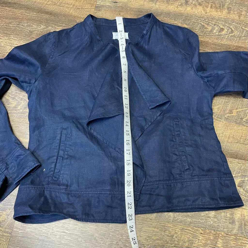 Lou & grey  100% Linen Open Front Jacket Blazer Navy Blue Drape Womens Medium Top - Image 5