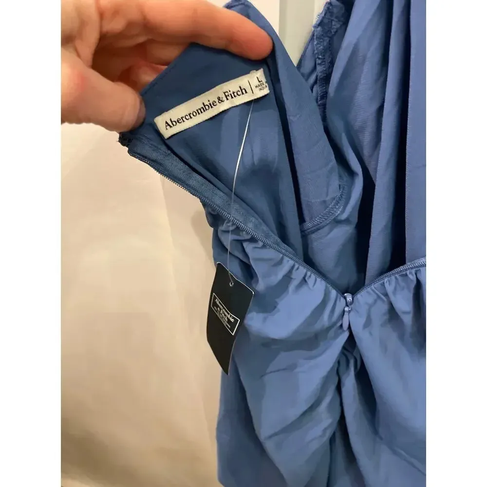 NWT Abercrombie & Fitch Asymmetrical Cowl Neck Cinched Midi Dress in Blue, L - Image 11