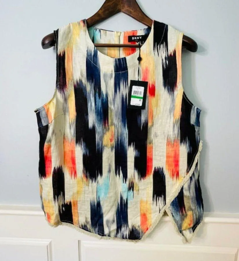 NEW Dkny 100% Linen Raw-Trim Asymmetrical Top Abstract Ikat Print Large - Image 2