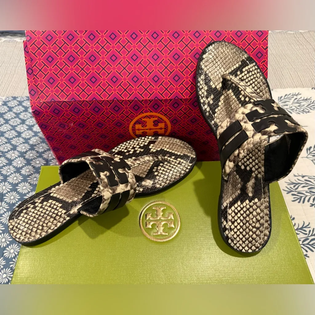 Tory Burch Leigh Snakeskin print Sandals, size 7.5, Like New!! - Image 10