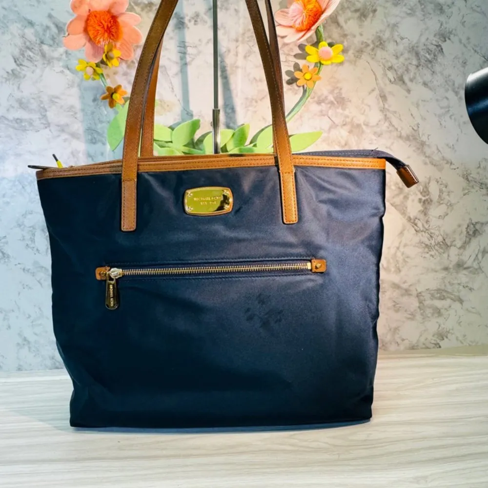 Michael Kors MK Kempton Blue Nylon Saffiano Large Leather Satchel Tote Bag - Image 2