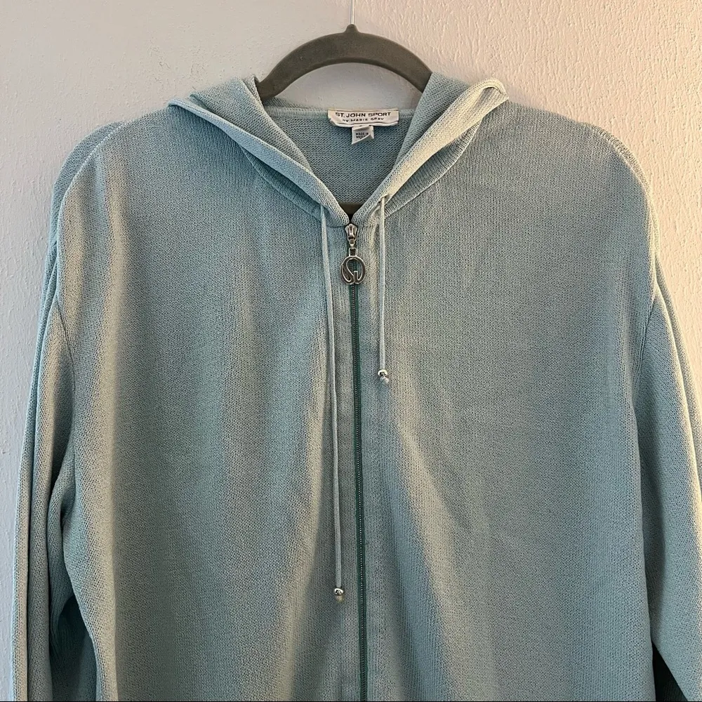 St. John Sport Sweater Light Blue Full Zip Hooded Santana Knit Sweater Sz S GUC - Image 2