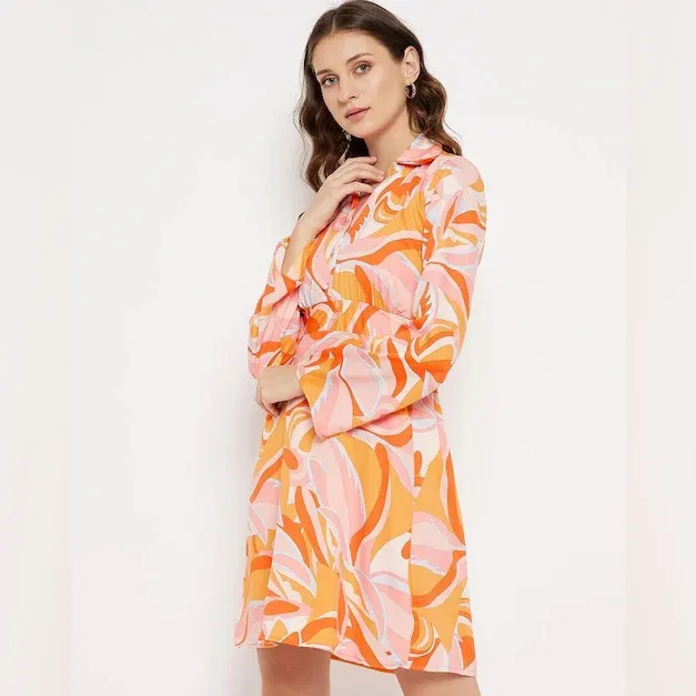 MNG Women’s Geometric Print Shirt Dress, Pink/Orange/Yellow, Size 20 - Image 5
