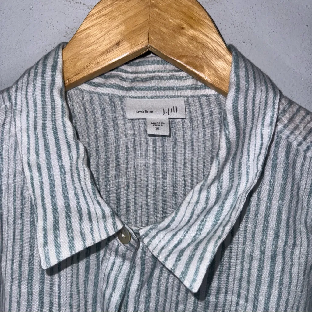 J Jill Love Linen XL Green White Stripe Collar Button Down‎ Tunic Linen Top CP - Image 3