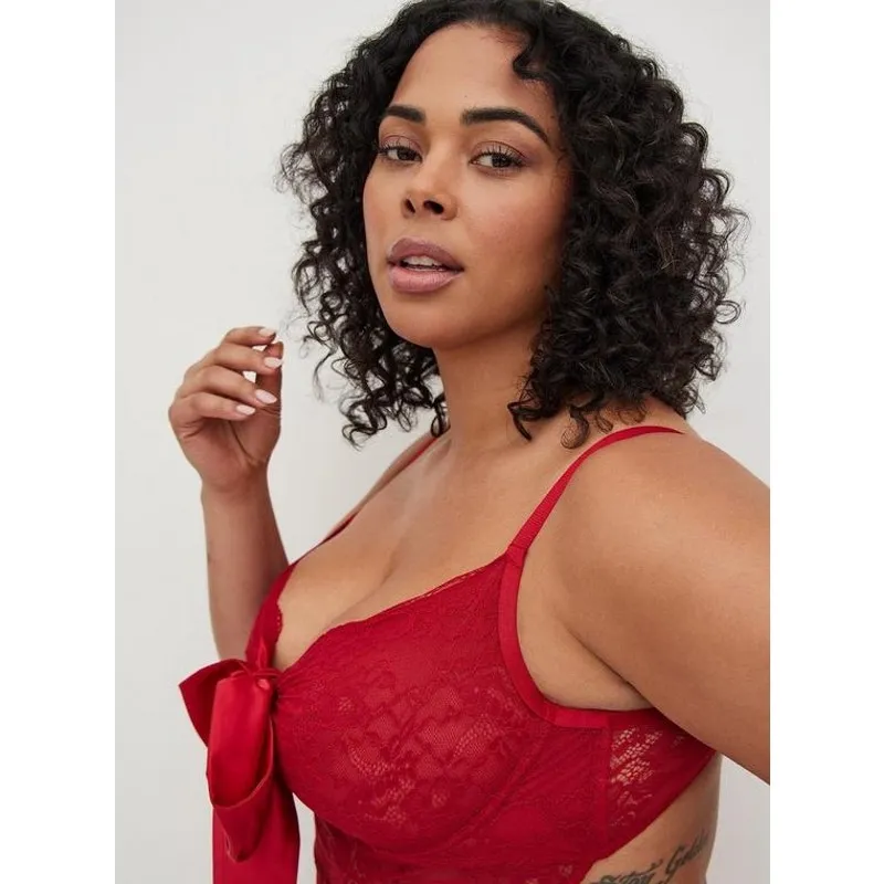 Torrid Underwire Lace and Bow Mesh Satin Bodysuit Lingerie Red 3 3X 22 24 New - Image 3