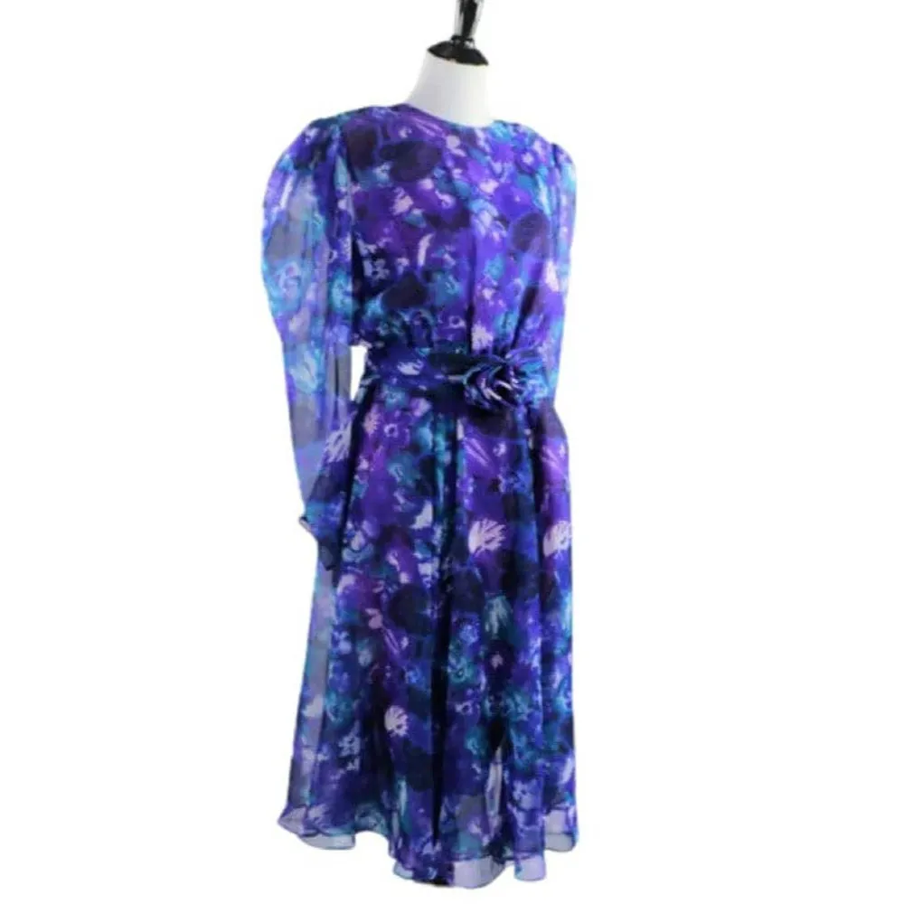 Vintage 1980s Purple Floral Print Chiffon Semi Sheer Dress Medium - Image 3