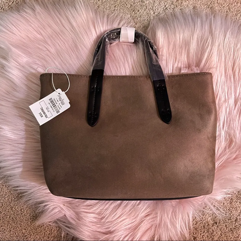 Neiman Marcus Mini Faux Suede Taupe Crossbody Tote Bag - Image 7