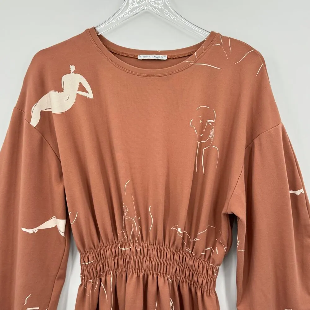 Zara Matisse dress M balloon sleeve impressionist all over print women brown - Image 2