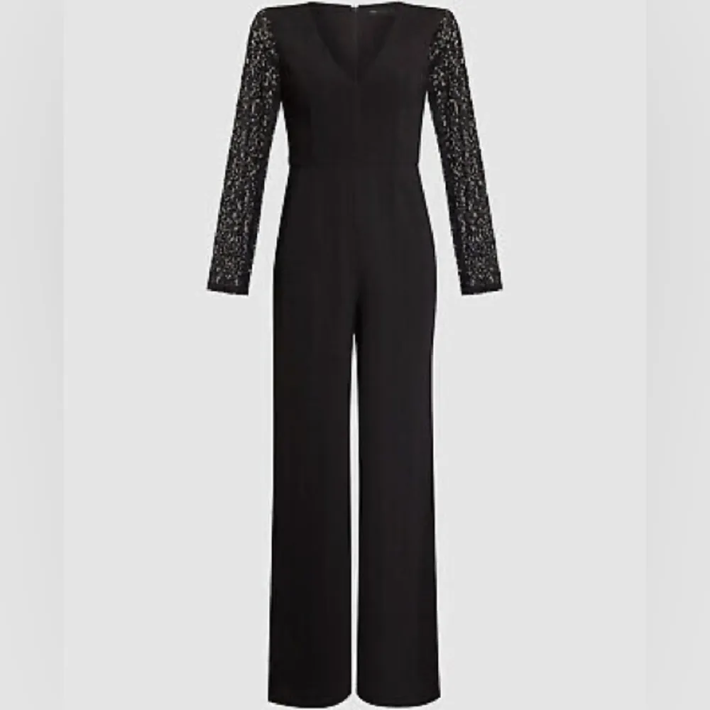 NWT BCBGMaxAzria Black Solid Long Lace Sleeve One Piece Jumpsuit Size 10 - Image 3