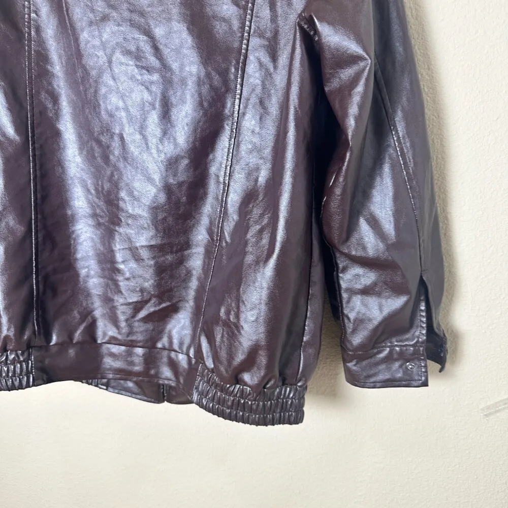 Oversized Faux Leather Bomber Jacket Coat Slant Pockets Chocolate Brown Medium - Image 8