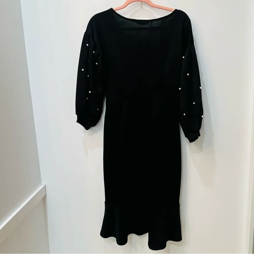 SheIn  Pearls Beaded Lantern Sleeve black midi size small - Image 4
