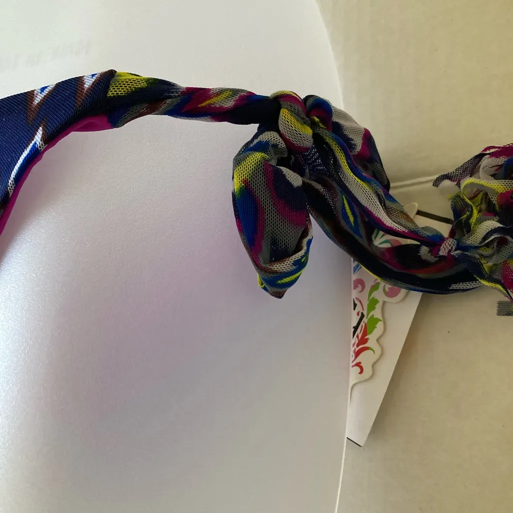 Becca Navy Multicolor Abstract Pattern Mesh Bralette with Fringe Bikini - Image 7