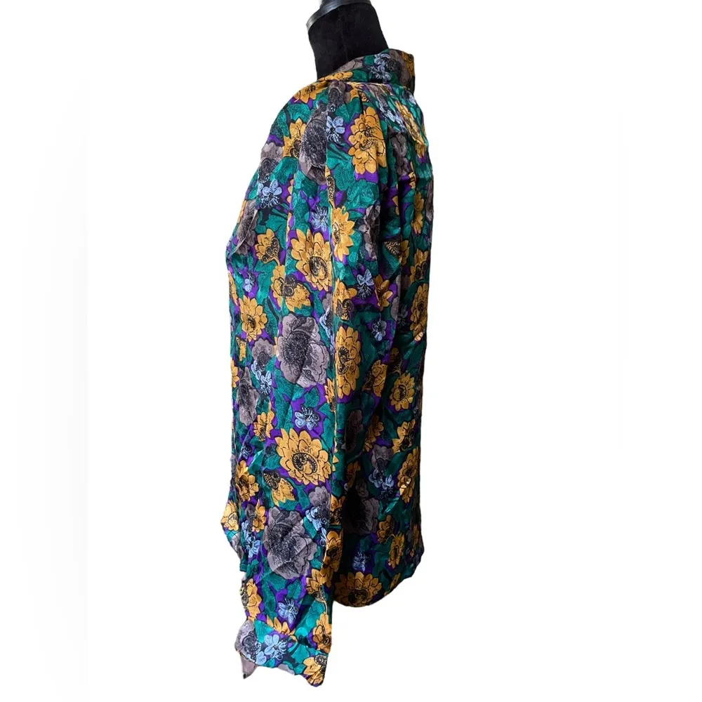 Jeri Marque Vintage 80s Silky Satin Eclectic Hippie Floral Paisley Button Up Top Size 10 - Image 5