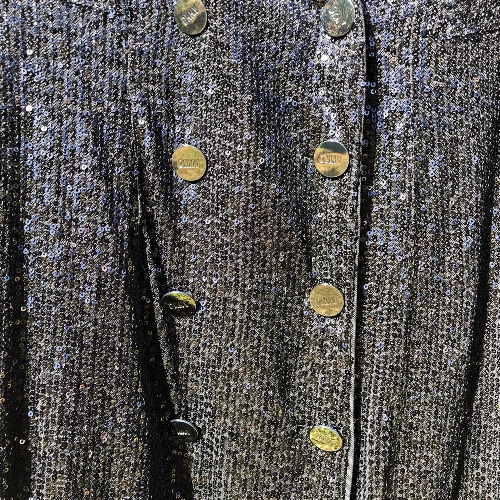 DKNY Cocktail Dress 8 Black Sequined Long Sleeve Tuxedo Sheath Double Breasted - Image 3