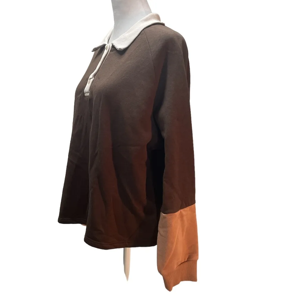 NWT  Brown with Tan & Cream Long Sleeve Collar Pullover Sweatshirt Small - Image 2