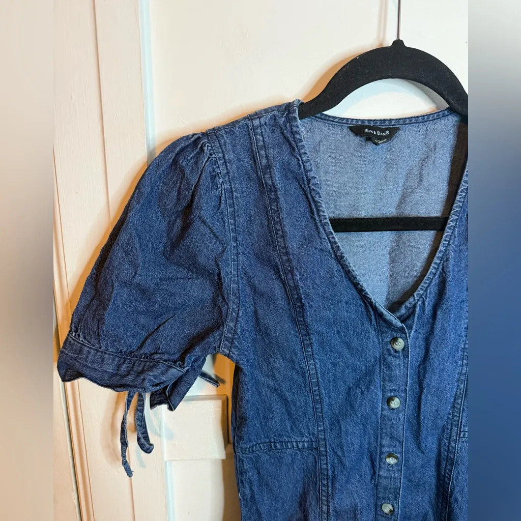 Sim & Sam Dark Wash Denim Button Front Puff Sleeve Dress - Image 5