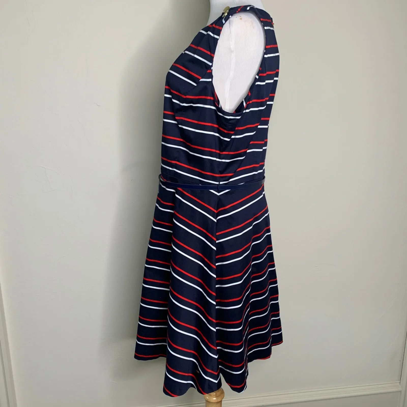 Tommy Hilfiger Blue Red White Striped A Line Dress Sz 14 Gold Buttons - Image 3