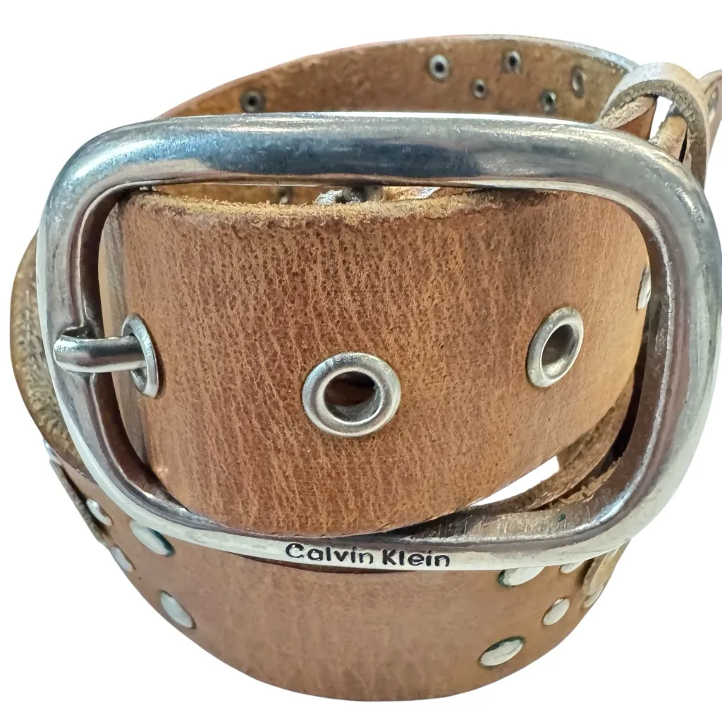Calvin Klein Studded Leather Belt | Brown Western Boho | Silver Buckle XL - Image 5