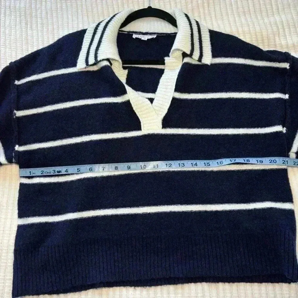 AEMI + CO Nautical Collared Women’s Navy & White Striped Sweater Size Medium Blue - Image 5