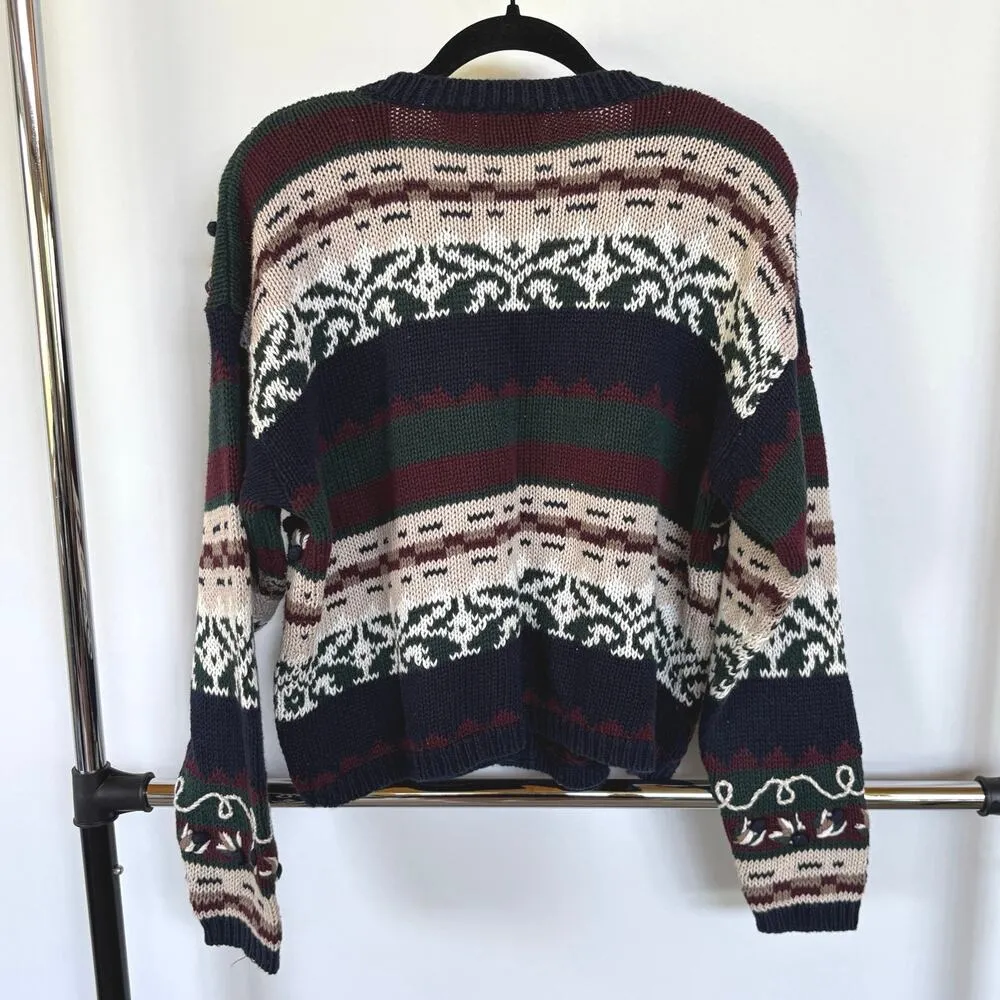 Vintage Fisherman Grandpa Navy Maroon Cardigan Sweater Scandi Cabin Aspen Medium - Image 3