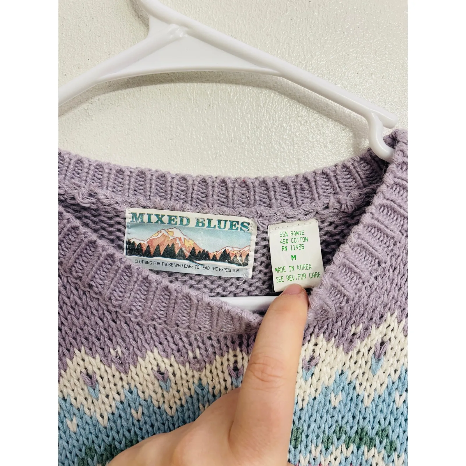 Vintage 90s Mixed Blues Pastel Fair Isle Floral Sweater Cottagecore Grandma M Purple Size M - Image 4