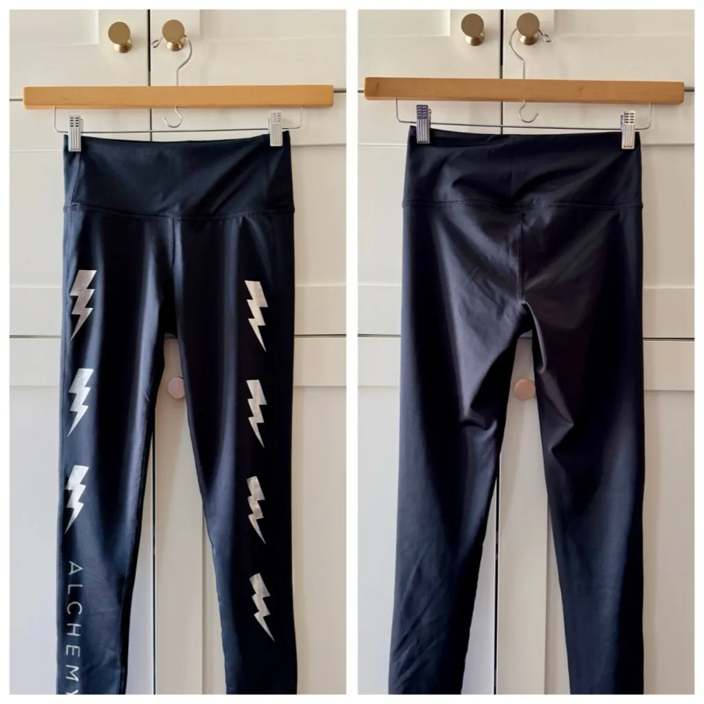 ALCHEMY Black Active 365 Leggings, Silver Metallic Lighting Bolt Contrast sz. XS - Image 7