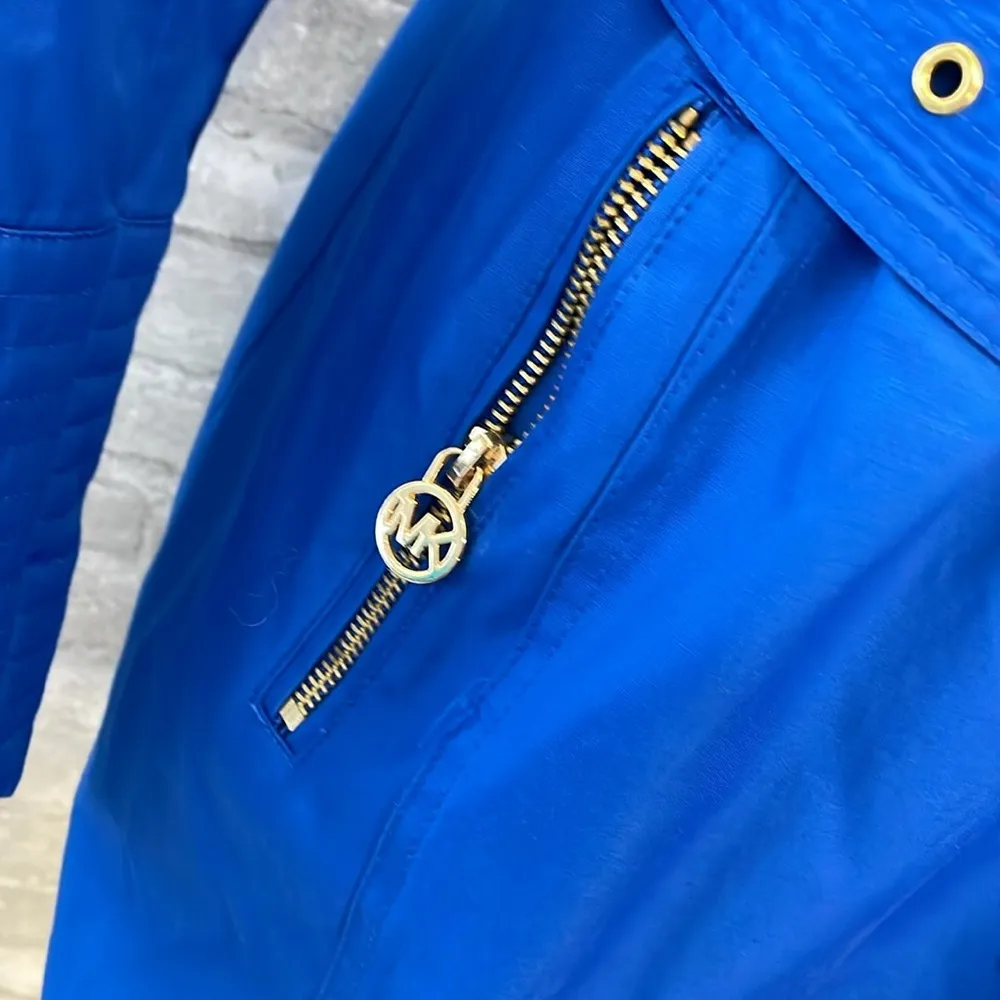 Michael Kors Blue Trench Coat with Asymmetrical Zipper and Belt - Image 3