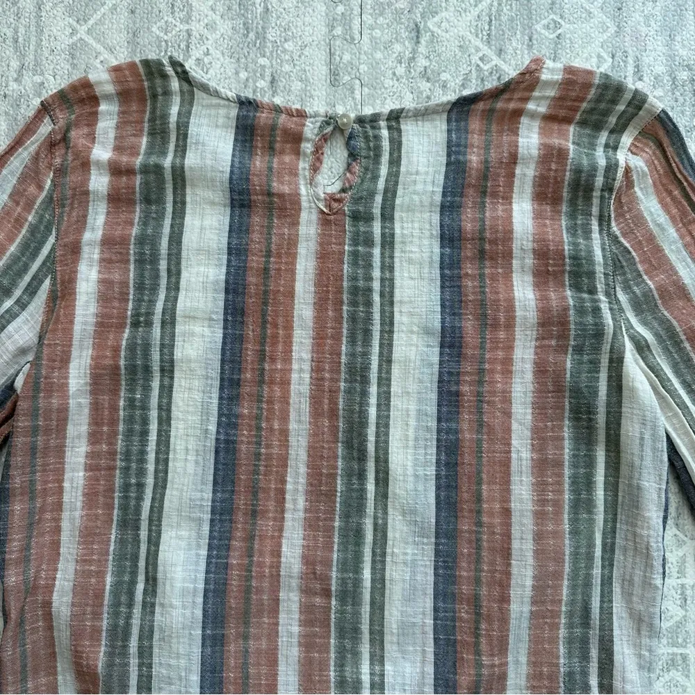 T. Rose Striped Tie Front Linen Bubble Sleeve Scoop Neck Keyhole Back Top Size S Purple - Image 13