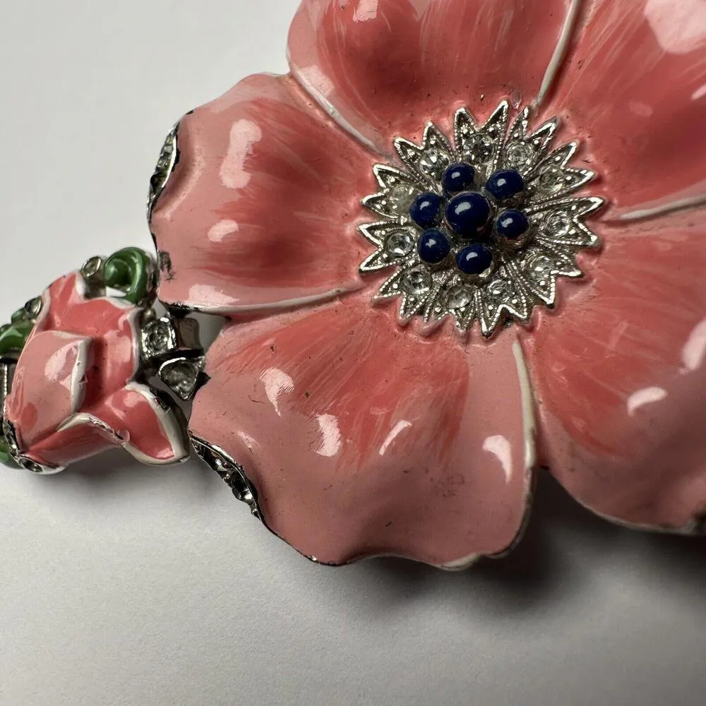 Trifari Philippe Rue de la Paix Pink Flower Rhinestone Enamel Necklace ForRepair - Image 3