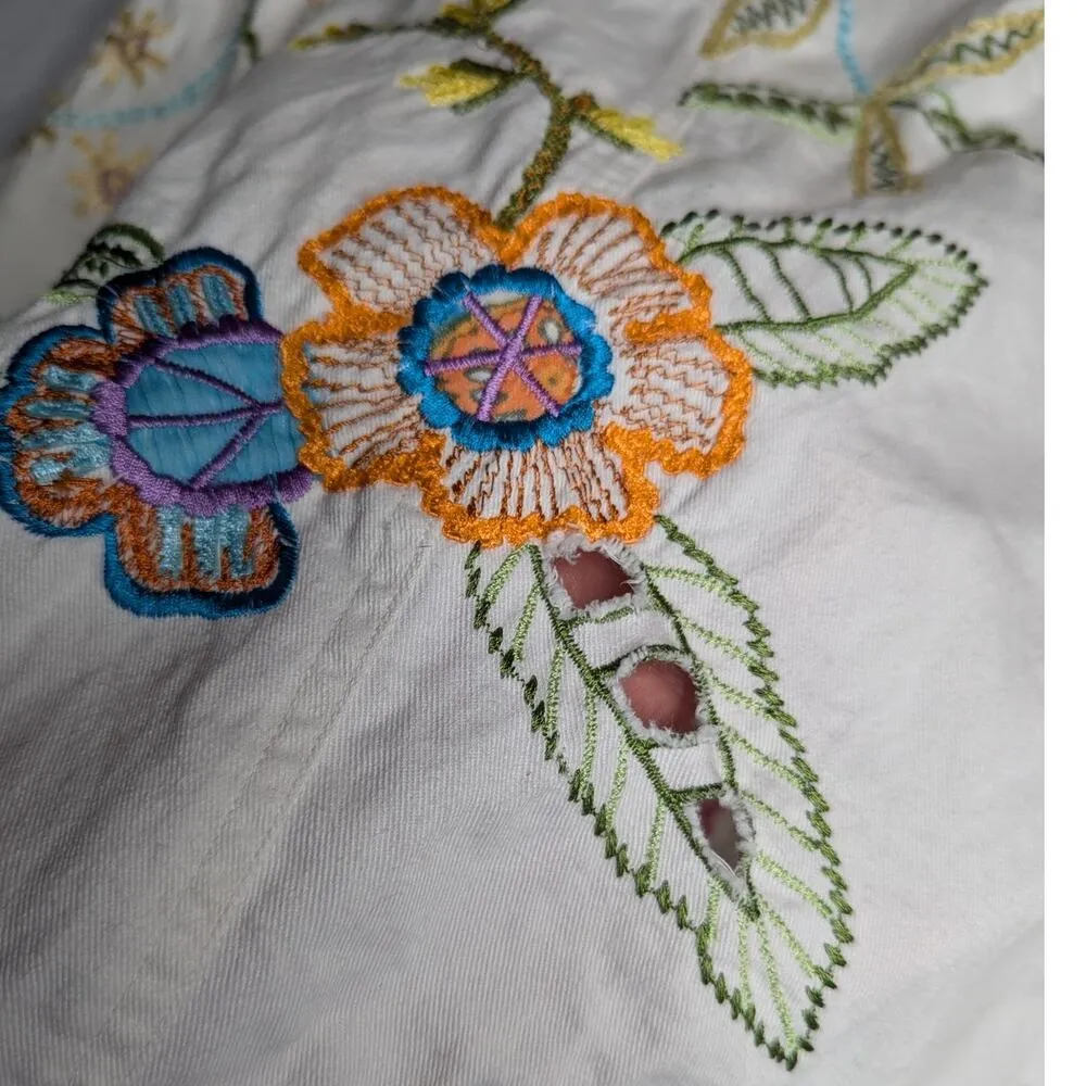 Vtg Y2K Draper's & Damon's White Colorful Floral Embroidered Light Jean Jacket M - Image 3
