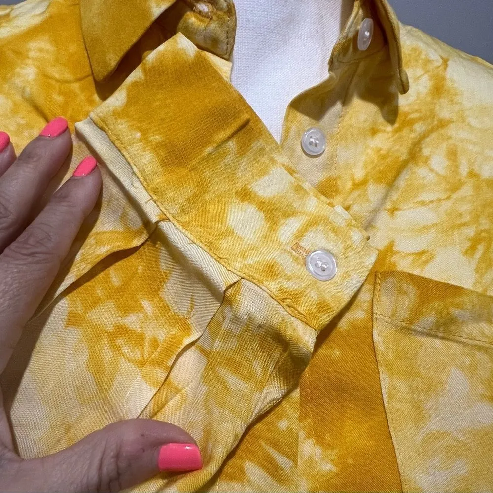 NWT Caara yellow and white tie dye Marble button down blouse women's size xxs Yellow - Image 6