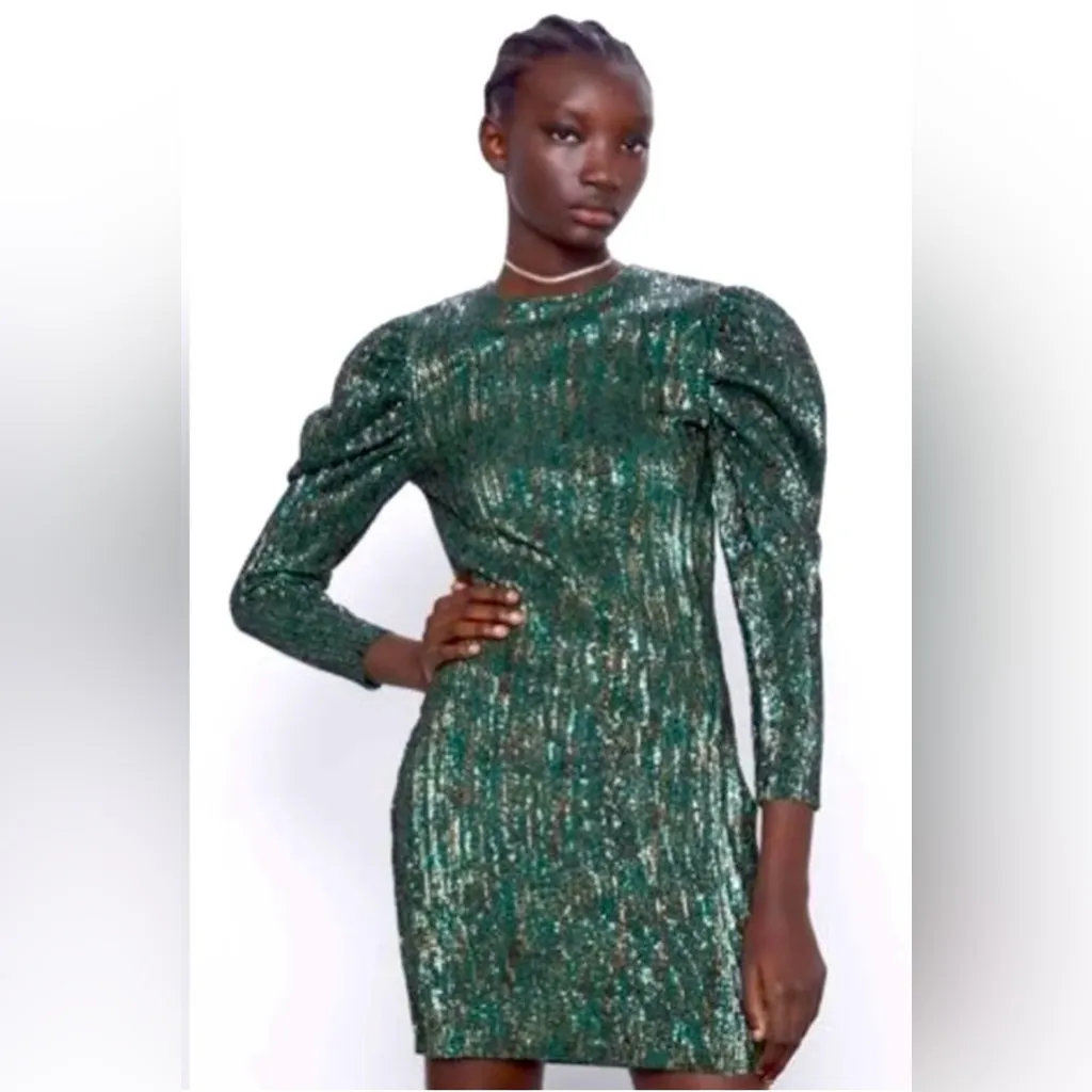 ZARA‎ Sequin Puff Long Sleeve Special Limited Edition Emerald Green & Gold Dress - Image 3