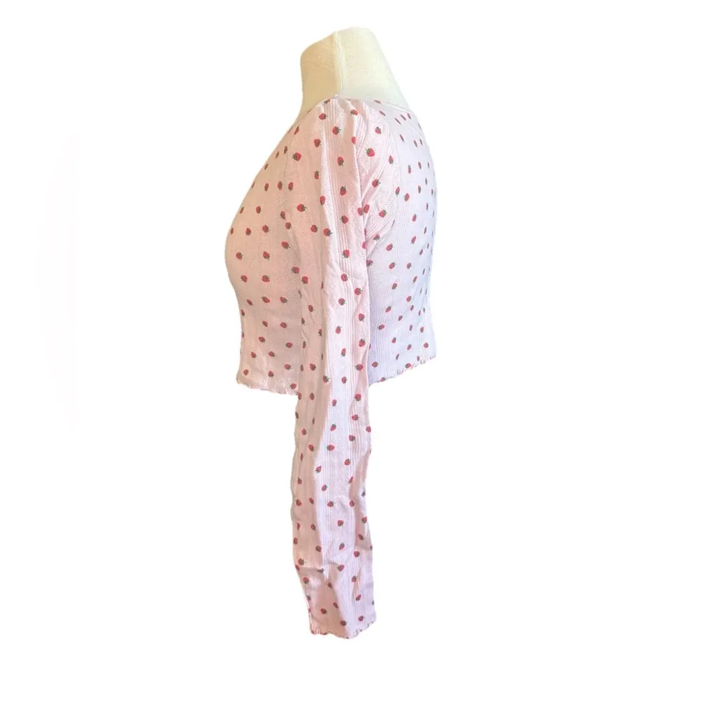 Out From Under Medium Cropped Lettuce Hem Top 100% Cotton Strawberry Coquette - Image 2