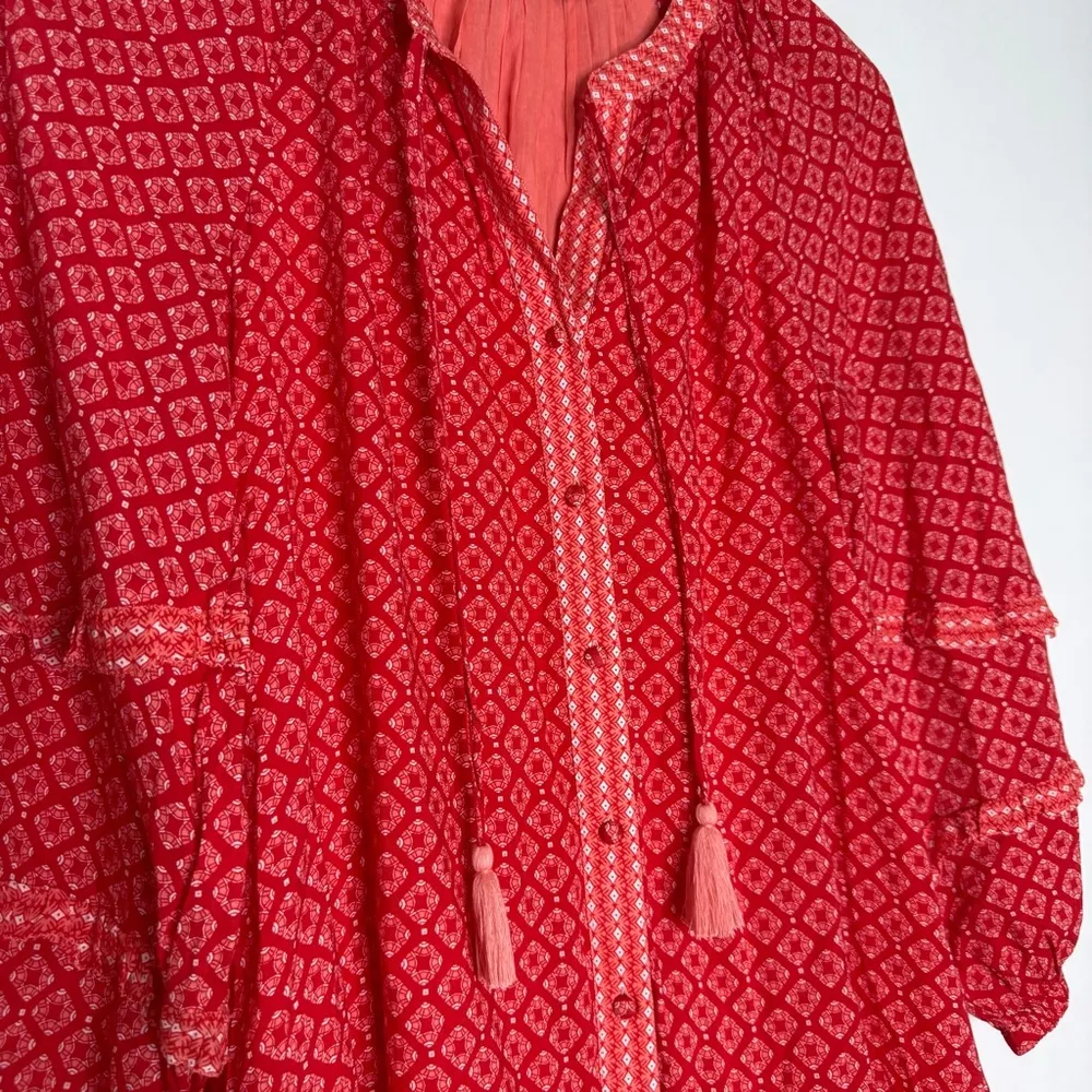 Vineyard Vines Red Boho Tassel Dress Long Sleeve Size Small Lined Cotton Modal - Image 7