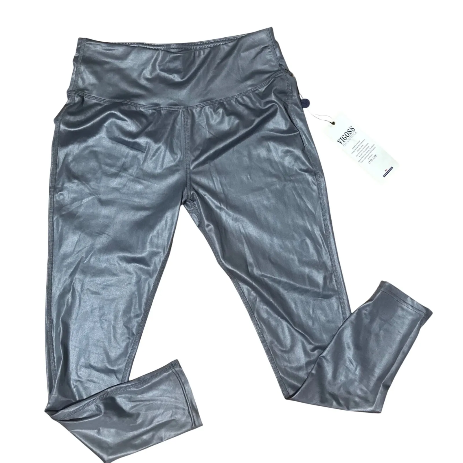 NWT Vigoss Faux Leather High‎ Rise Leggings Gray Sz L Shiny Stretch Coated Pants - Image 2