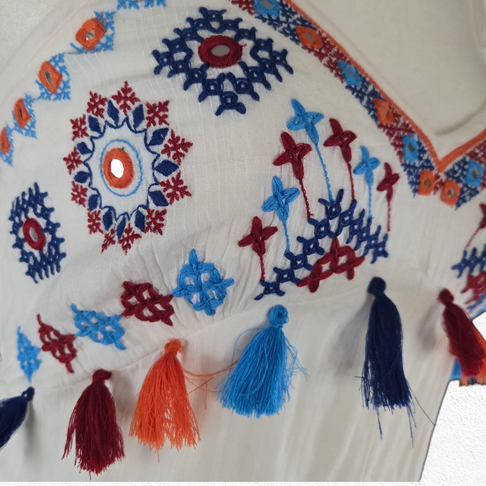 AREA Stars White Embroidered Handkerchief Tassel Boho Hi Low Dress Size Medium - Image 8