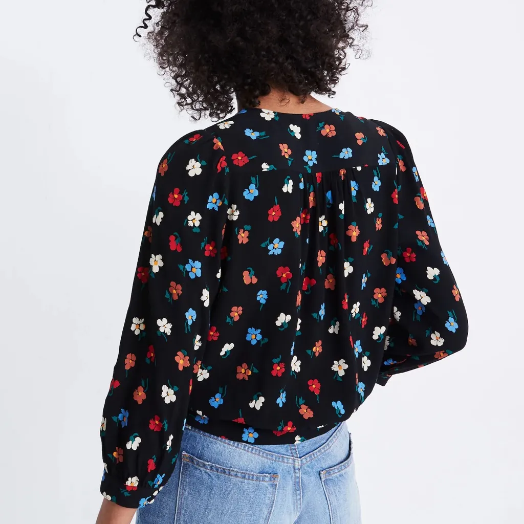 Madewell Black Wrap Top in Pressed Flowers | Size S - Image 2