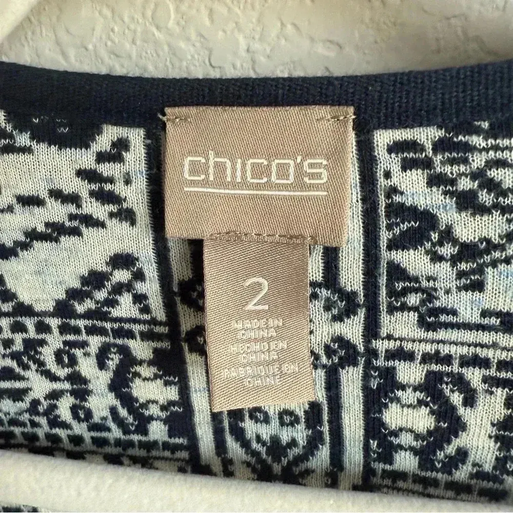 CHICO'S Women’s Navy White Patterned Open Batwing Sleeve Cardigan Sweater Size M - Image 10