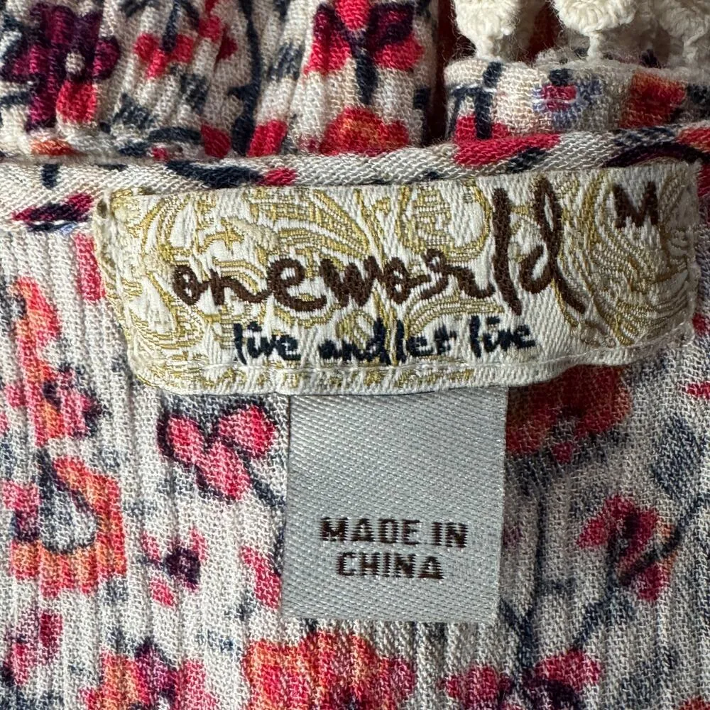 One World Medium Top Floral Gauzy Crochet Tasseled Keyhole 3/4 Bell Sleeve Multi - Image 7