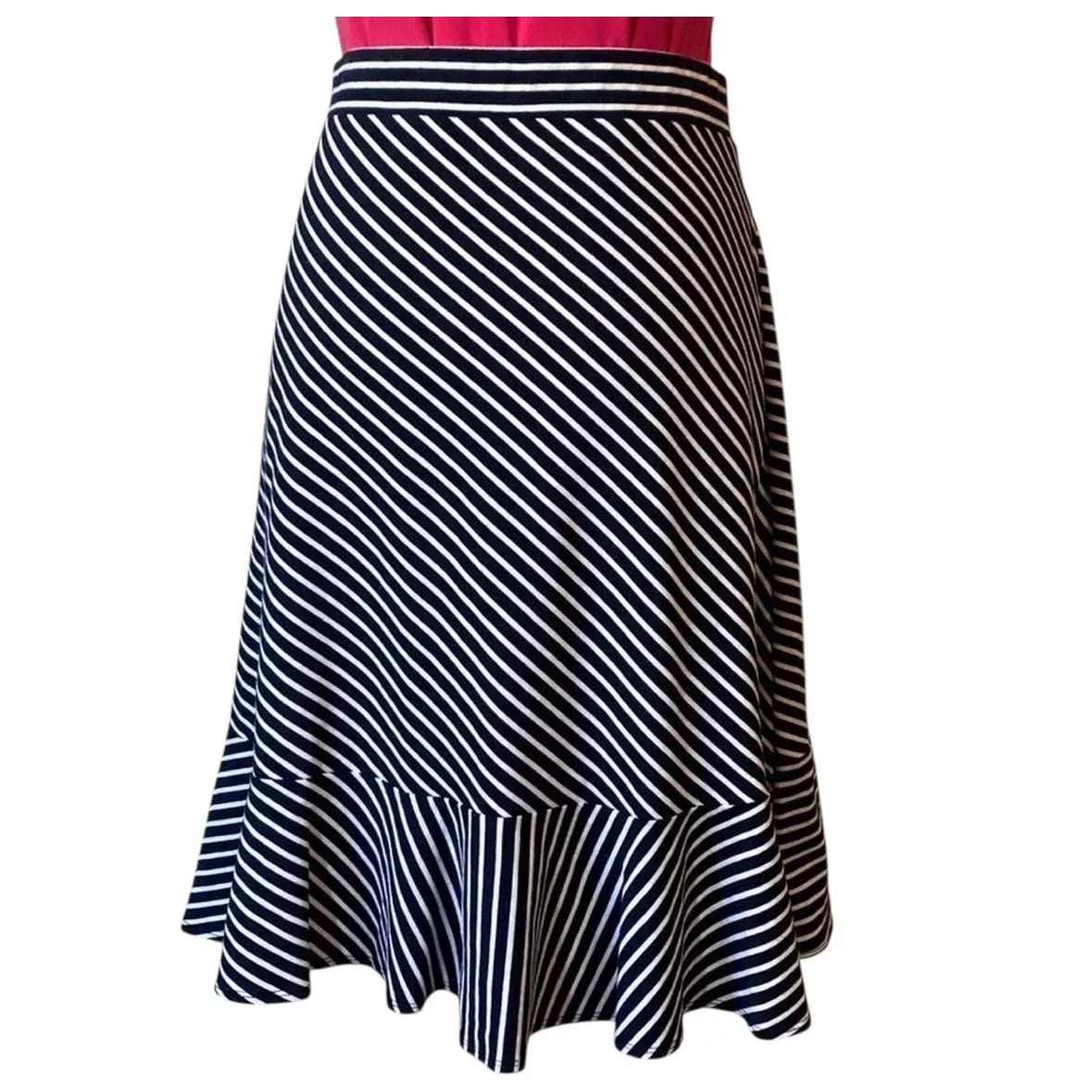 Talbots Navy White Striped Ruffle‎ Hem Midi Skirt Career Casual Women - Image 4