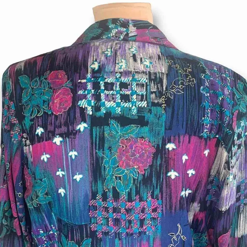 Vintage Kensington Square Blazer Jacket Colorful Abstract Floral Geometric Print Blue Size M - Image 6