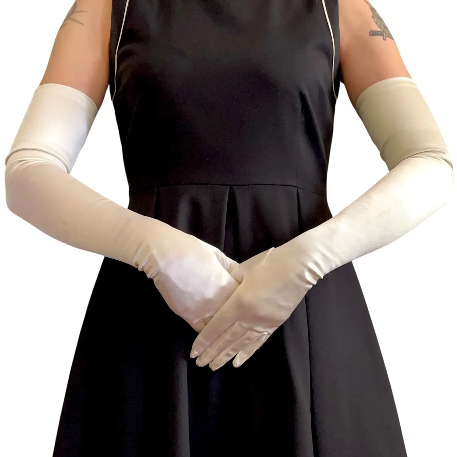 Vintage White Satin Formal Opera Length Wedding Long Evening Gloves 23" Size S - Image 1