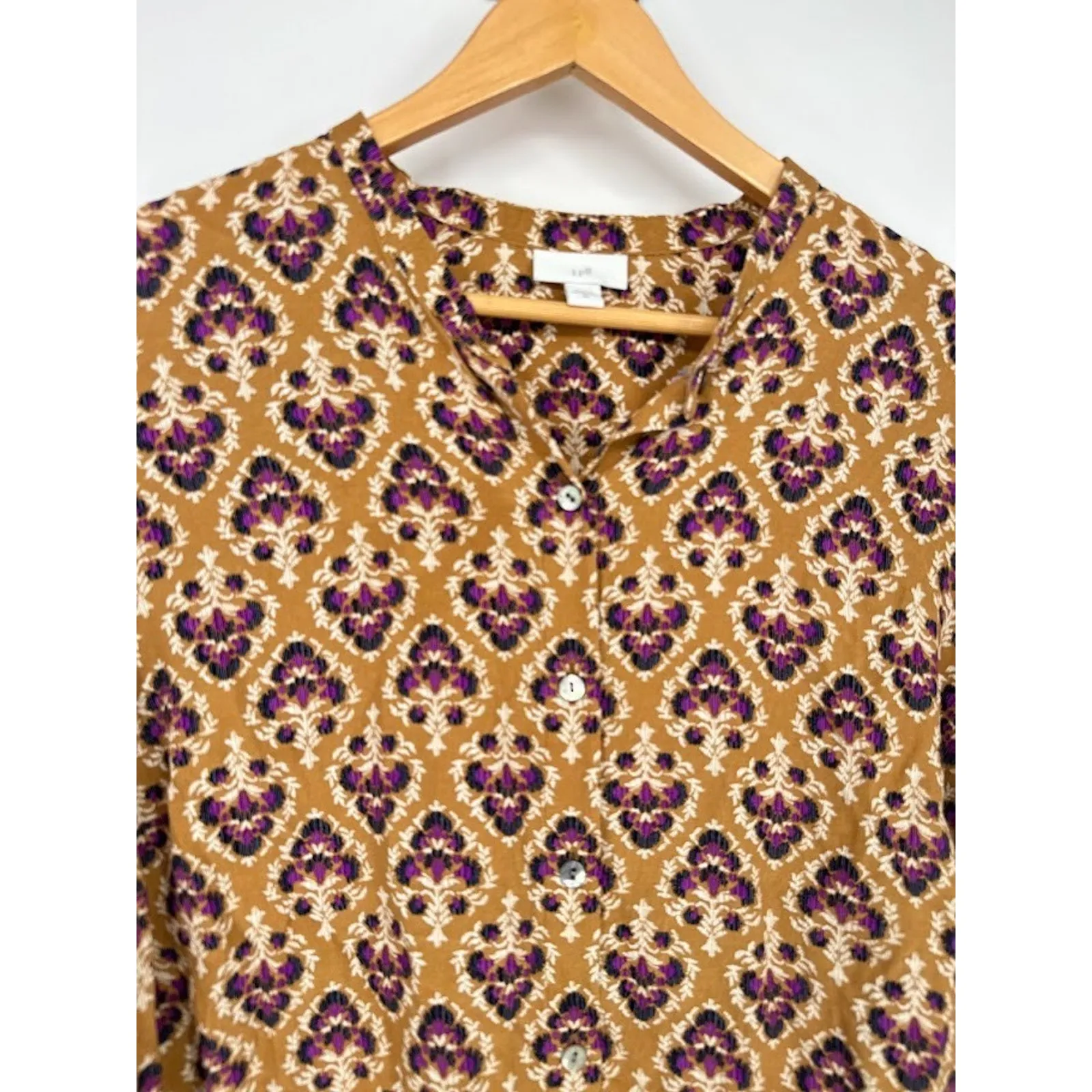 J Jill Button Front Top Caramel Floral Fan 2X Bohemian Boho Business Casual Yellow - Image 3